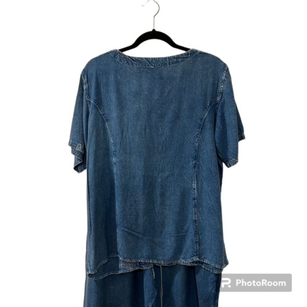 Raya Sun Womens Blue Chambray Cropped Cotton Rayon Pant Set Elastic Waist Sz 2X - Picture 3 of 14